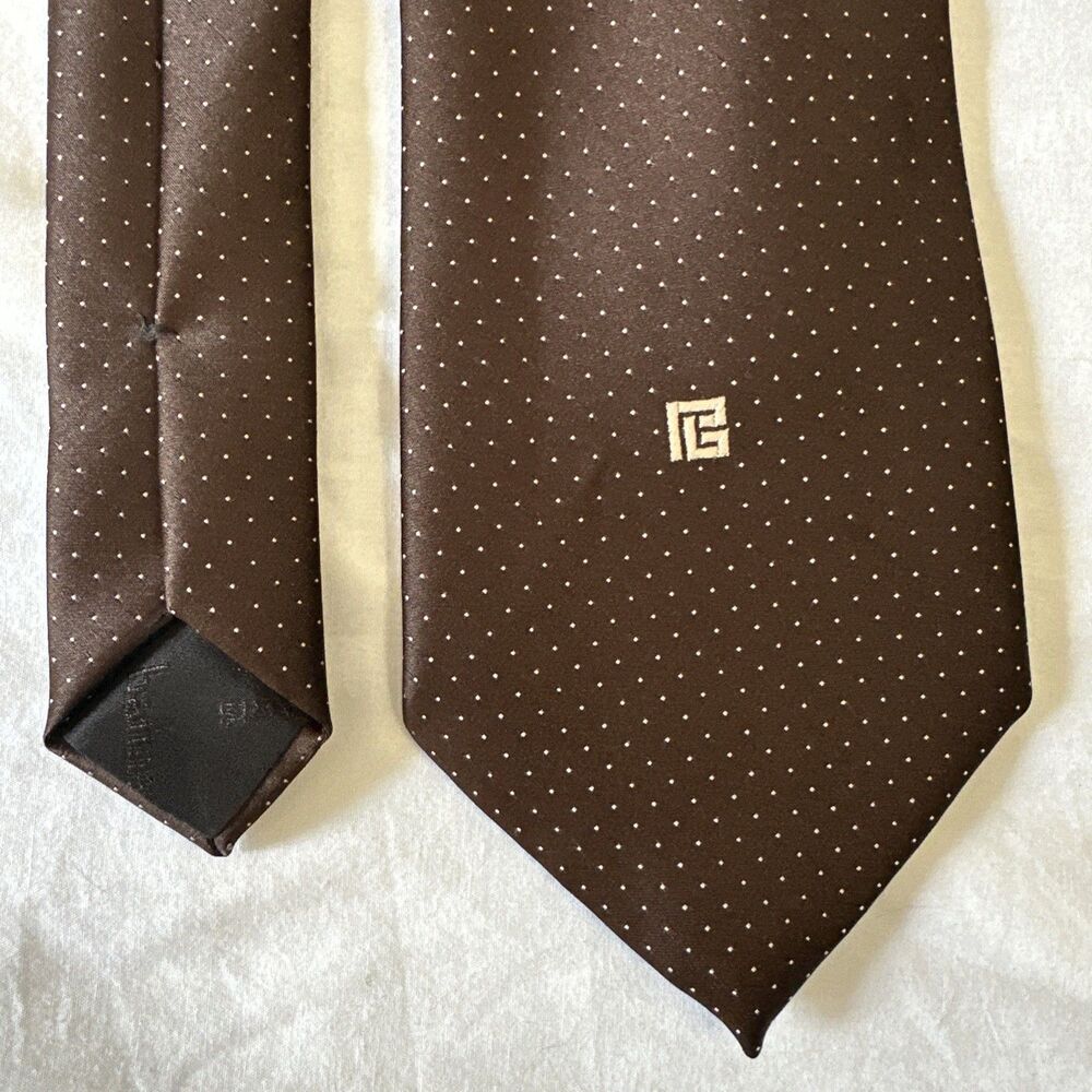 Pierre Balmain Paris Tie Embroidered Logo Micro Polka Dot Handmade Italy Brown - Picture 3 of 9